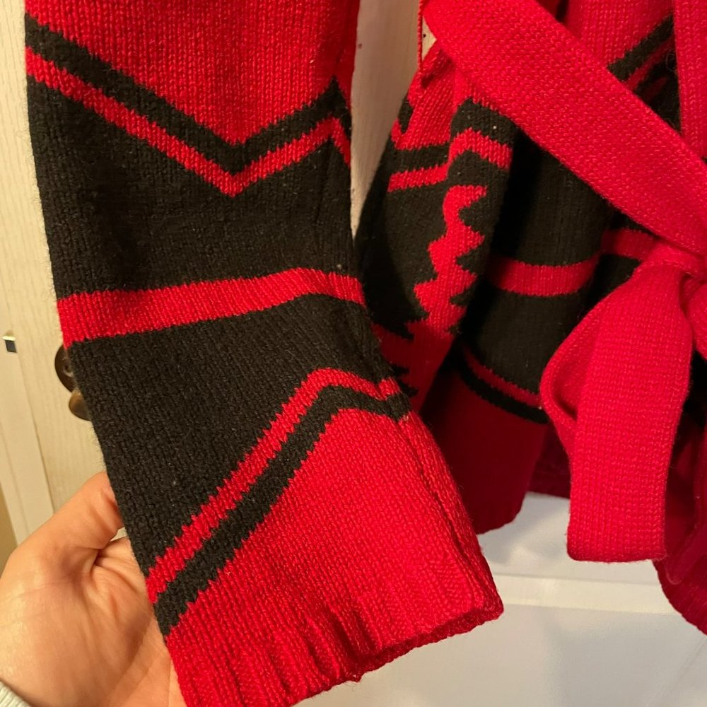 Lauren Ralph Lauren | Red Black Lambswool Aztec Belted Shawl Cardigan L Large - Picture 4 of 8